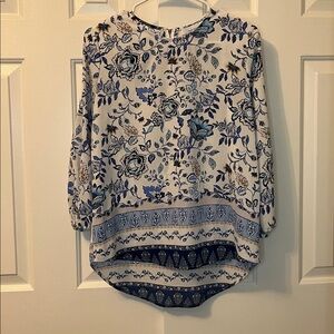 Fourteenth Place White Blue Floral Long Sleeve‎ Blouse Cold Shoulder Size SP